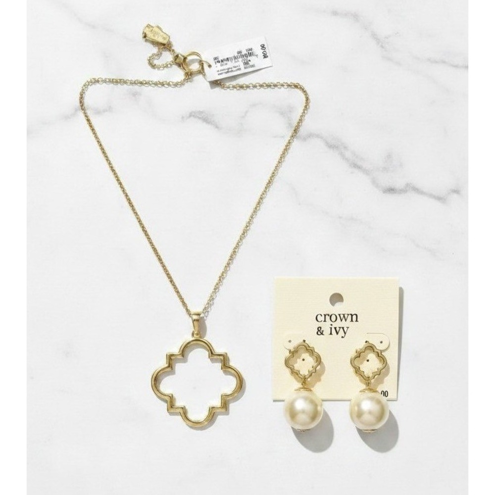 Crown & Ivy Gold Tone Quatrefoil Pendant Necklace and Pearl Drop Earring Set NWT